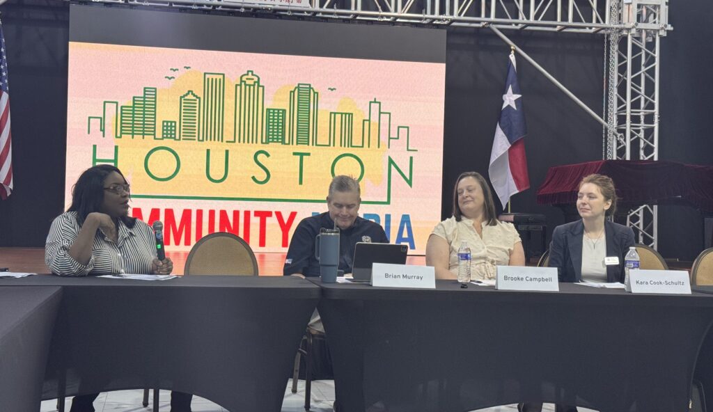 Houston disaster preparedness briefing featuring Brian Murray, Brooke Campbell and Kara Cook-Schultz discussing hurricane preparedness and community resilience.